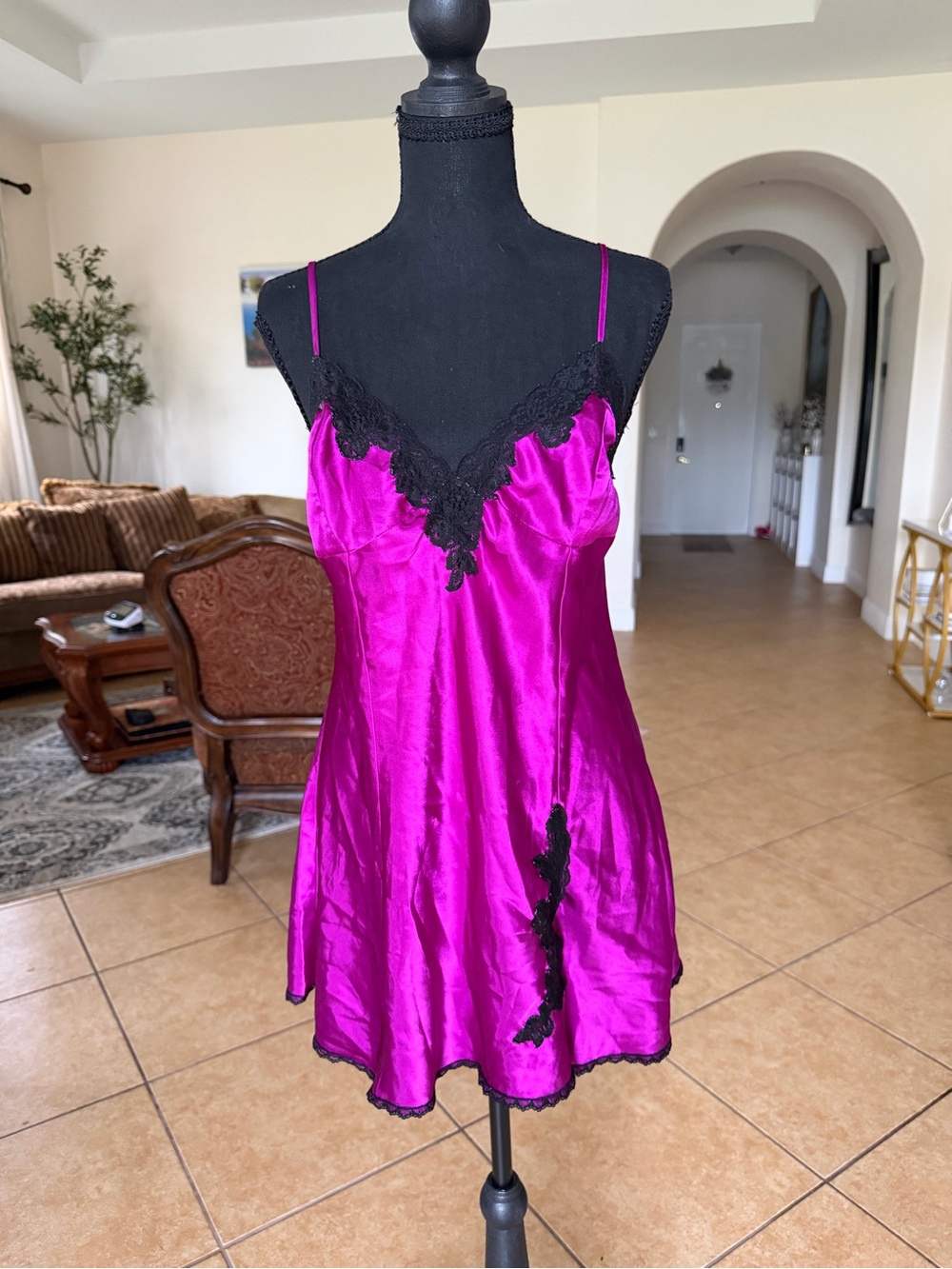 Vintage Fredrick’s of Hollywood Silky Fuchsia Lace-Trim Chemise Slip